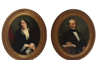 Felix Joseph Barrias: A pair of portraits probably depicting the writer Edmee Francois Jomard and his wife. Oil on canvas. 92×73 cm. (2)