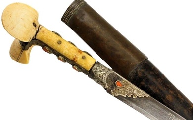 Fine 19th C. Ottoman YATAGAN Sword with Turkish Ribbon Damascus Blade & Red Coral Decorations. Both