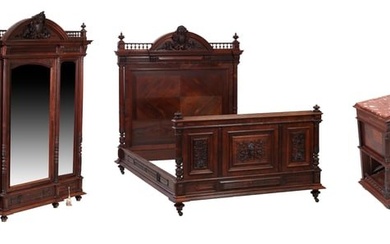 Fine French Belle Epoque Carved Rosewood Three Piece Bedroom Suite, late 19th c., Paris, Armoire