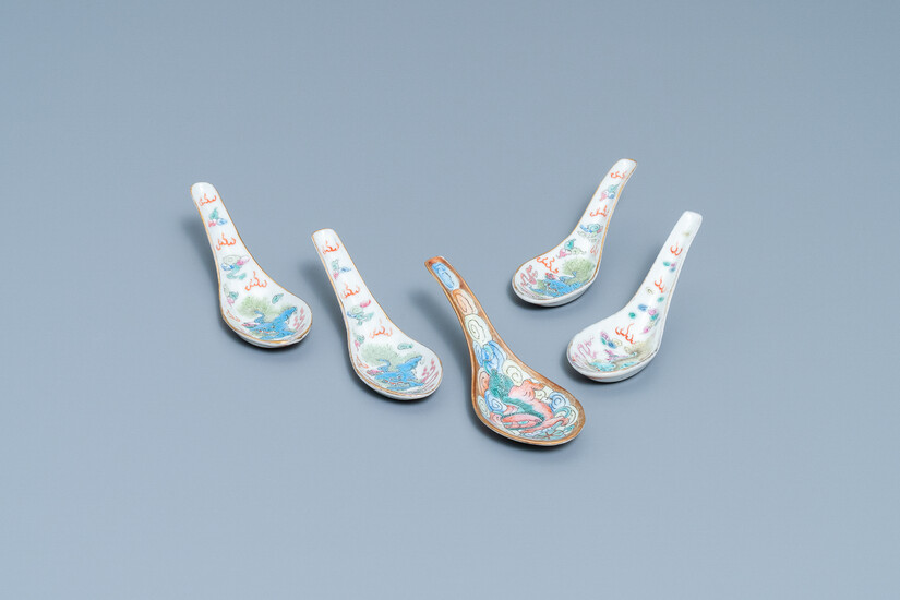 Five Chinese famille rose 'Buddhist lion' spoons, 19th C.