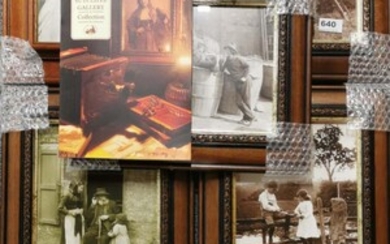 Five framed Sutcliffe sepia photographs, frame size 32 x 39cm. Together with two framed 19th century advertising prints.