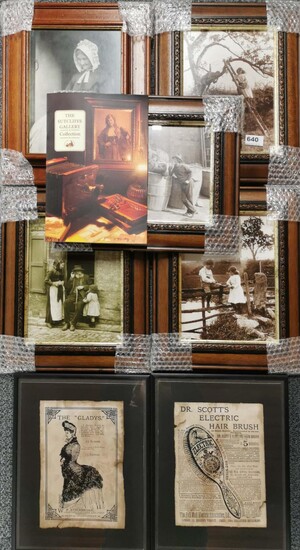 Five framed Sutcliffe sepia photographs, frame size 32 x 39cm. Together with two framed 19th century advertising prints.