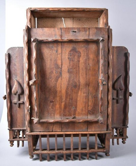 Folk Art Carved Wall Cabinet with Doors and Drawers
