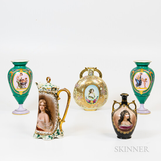 Four Porcelain Portrait Vases and a Chocolate Pot