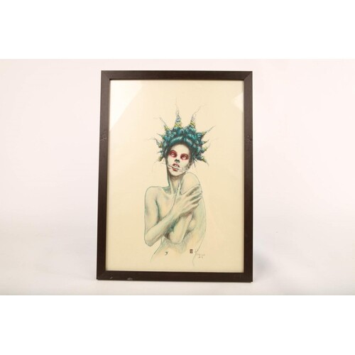 Framed ble spike blue hair lady with syrenge in mouth. by Po...