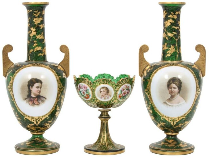French Enamel Compote & Two Vases