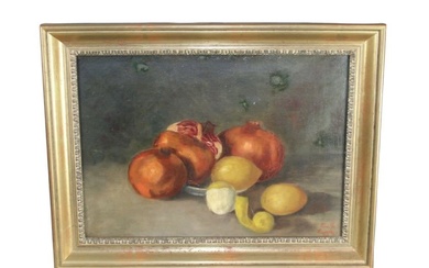 French oil on canvas still life with lemons and pomegranate