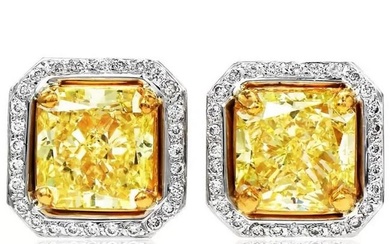 GIA 6.67cts Fancy Yellow Cushion Diamond 18K Stud Earrings