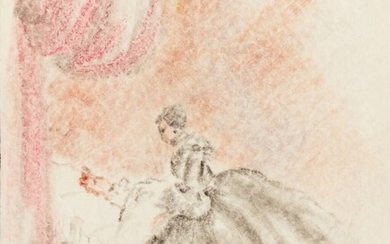 Gallant scene and Woman at a patient's bedside, lot of two drawings, pastel on monogrammed paper, dated 1950