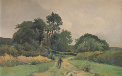 Gaston ANGLADE (1854-1919) Paysages animés Deux huiles sur toile en pendant, l'une datée 1888. 38...