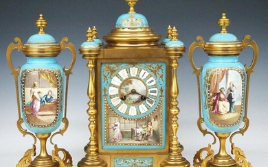 German Bronze & Porcelain Clock Set