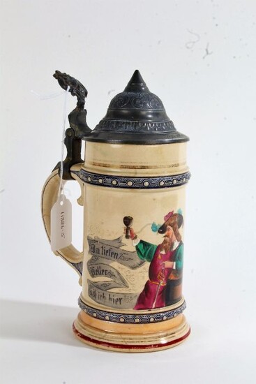 German hand painted and pewter lidded stein, early to mid 20th century, the lid engraved with a
