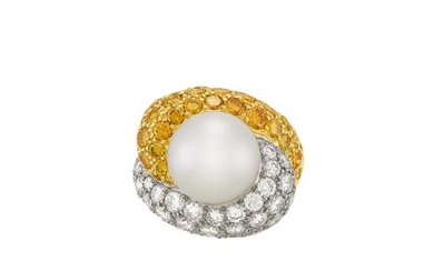 Gold, Platinum, Cultured Pearl, Diamond and Colored Diamond Bypass Bombé Ring