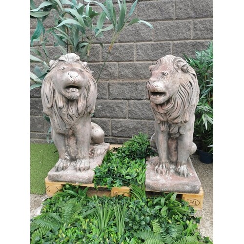 Good quality pair of moulded stone seated Lions {90 cm H x 4...
