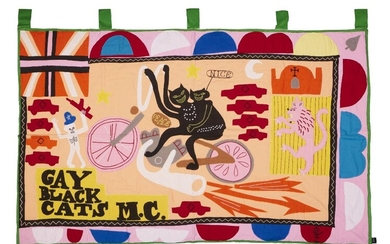 Grayson Perry CBE RA, British b.1960- Gay Black Cats MC, 2017; cotton fabric and embroidery applique on handmade flag, from the edition of 150, signed in black ink to the Certificate of Authenticity, published by Serpentine Gallery, London...