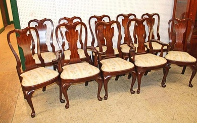 Great set of 10 Henkel Harris solid mahogany queen Anne dining room chairs, in good condition