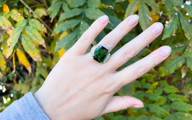Green Tourmaline Ring With Diamonds 26.40 Carats 14K White Gold
