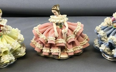Group of 3 small Dresden Lace porcelain figurines