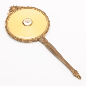 Guilloché Enamel and Gilt Metal Hand Mirror, Early 20th Century