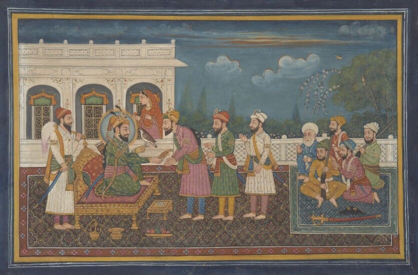 Guru Gobind Singh presents a Sikh Noble with a Sarpetch whilst an armed retenue watch on, Punjab, India, early 20th century, opaque pigments on paper, the detailed outdoors scene with a group of musicians to the right, all figures barefoot, 34 x...