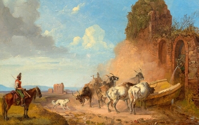 HEINRICH BÜRKEL(Pirmasens 1802-1869 Munich)Troupeau de bovins près d'un puits dans la Campagne. Vers 1838.Huile sur...