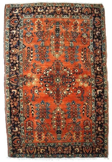 Handmade antique Persian Sarouk rug 3.5' x 5.5' (106cm