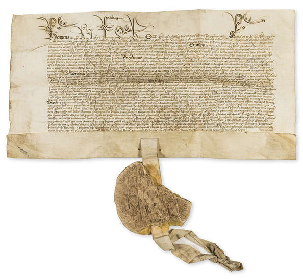 Henry VI. King's Pardon issued to William Bulkeley in Eyton [Eaton], Cheshire, for "trespasses felonies and all offence" in the Marches of Wales, Westminster, 10th February 1458.