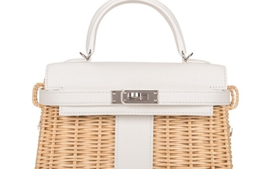 Hermès White Mini Kelly Picnic 20cm of Osier Wicker and Swift Leather with Palladium Hardware