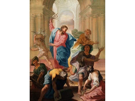 Italienischer Maler des ausgehenden 17./ beginnenden 18. Jahrhunderts, JESUS VERTREIBT DIE HÄNDLER AUS DEM TEMPEL