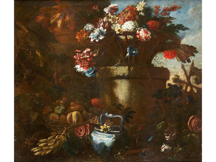 Italienischer Stilllebenmaler des beginnenden 18. Jahrhunderts, GROSSE BLUMENVASE VOR VERSCHATTETEM HINTERGRUND