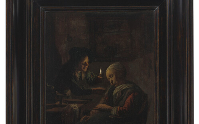 JAN VERKOLJE I (AMSTERDAM 1650-1693 DELFT) A young boy holding a candle teasing a sleeping woman