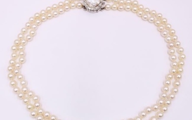 JEWELRY. Double Strand Pearl and Diamond Necklace.