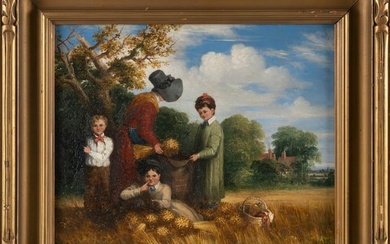 JOHN SMART (Britain, Mid-19th Century), Children gathering wheat., Oil on board, 11" x 14". Framed