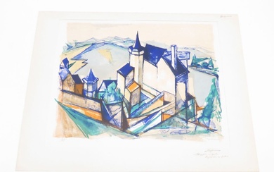 Jacques DESPIERRE (1912-1995). Vue d'un Château au bord de l'eau. Lithographie couleurs sur Vélin, signée...