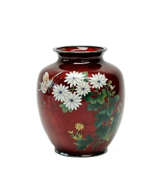 Japanese CloisonnÃ© Enamel Red Vase Flowers Meiji