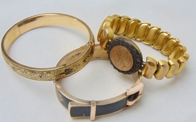 Jewelry. (3) Victorian bracelets/bangles. Rose Gold tested 10k buckle design w/ black enamel dings
