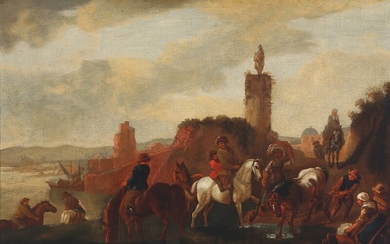Johannes Lingelbach, style of, early 18th century: Coastal scenery with horseback riders. Unsigned. Oil on canvas. 39×58 cm.