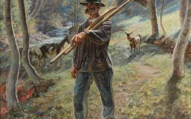 NOT SOLD. Johannes Wilhjelm: The old herdsman, Savoy. Signed and dated J. Wilhjelm 20. Oil on canvas. 85 x 106 cm. – Bruun Rasmussen Auctioneers of Fine Art