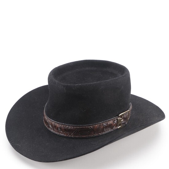 John B. Stetson Co. Black 4X Beaver Felt Gambler Hat with Tooled/Buckled Hatband