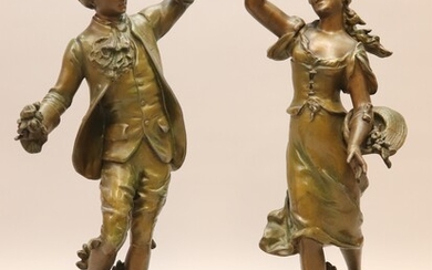 KOSSOWSKI signé. Couple romantique avec fleurs" paire de sculptures en bronze d'art - Hauteur 48,5...