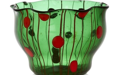 Kolomon Moser (1868-1918) (attributed) for Loetz, Ausfuhrung 122 'Streifen und Flecken' vase, circa 1910, Orange enamel on green glass, Unmarked, 12cm diam, 8.5cm high