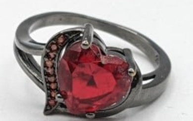 Ladies Black Over Sterling Silver Ruby Heart Ring