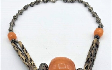 Large Amber Bead Necklace Accented by 2 Smaller Amber