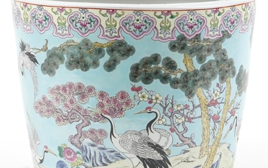Large Chinese turquoise ground porcelain jardiniere hand pai...
