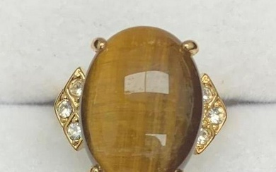 Large Citrine Gemstone Ring Flanked by 3 Austrian Crystals in an 18KTGP Setting on an 18KTGP Band