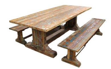 Large rustic farm house dining table with match benches