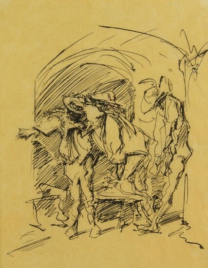 Laurence Housman, British 1865-1959- Men standing in a doorway; pen on paper, 19 x 15 cm (ARR) Provenance: William Rothenstein Estate sale; Abbott & Holder, 12/8/05, according to the inscription to the reverse of the frame. Note: Laurence was the...