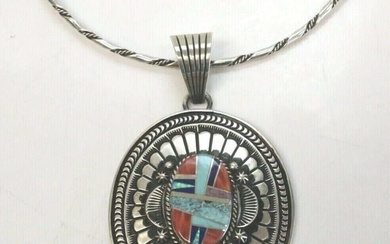 Lg Navajo Native American Sterling Silver multistone Necklace Charles Johnson