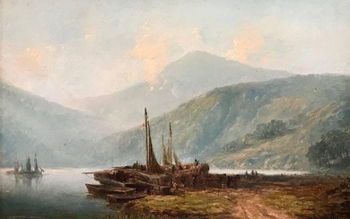 Loch Lomond Scotland Fishing Boats 19th Century Oil Painting