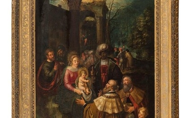 Lot 40 Attribué à Frans FRANCKEN Le JEUNE (1581-1642). L'Adoration des Mages. Panneau de chêne, parqueté. 78...